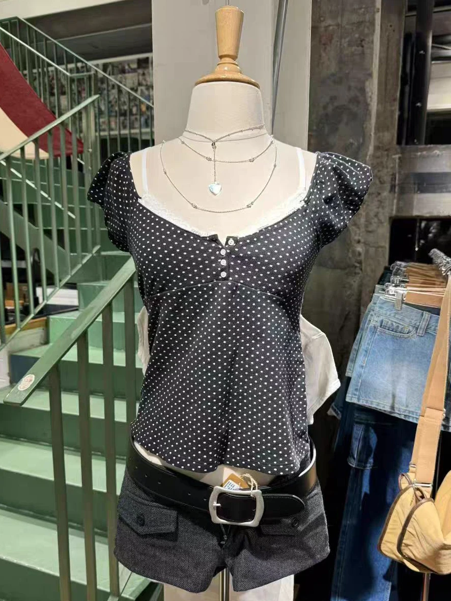 Polka Dot Black Slim T-Shirt Blouse Women Three Buttons Square Neck Back Lace-up Puff Sleeve Cotton Tshirt Sweet Cute Crop Tops