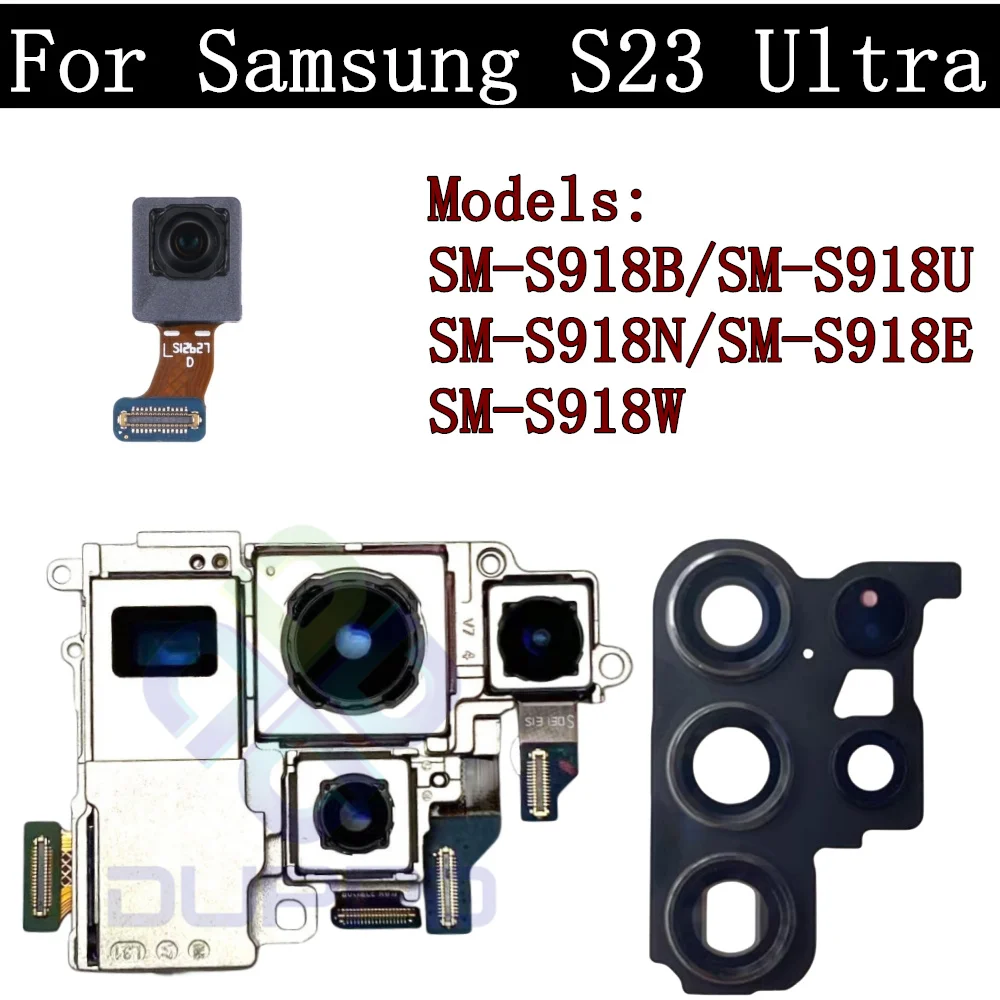 Front Rear Backside Camera Frame Cover Glass Lens For Samsung Galaxy S23 Ultra Frontal Selfie Wide Back Facing Camera Flex Cable