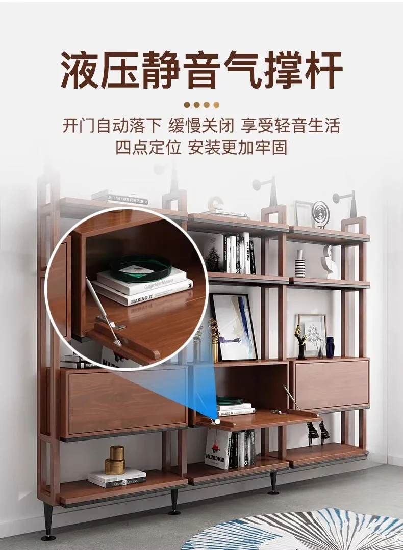 Bookshelf, wall-mounted wrought iron solid wood bookcase, household shelf, floor-to-ceiling integration