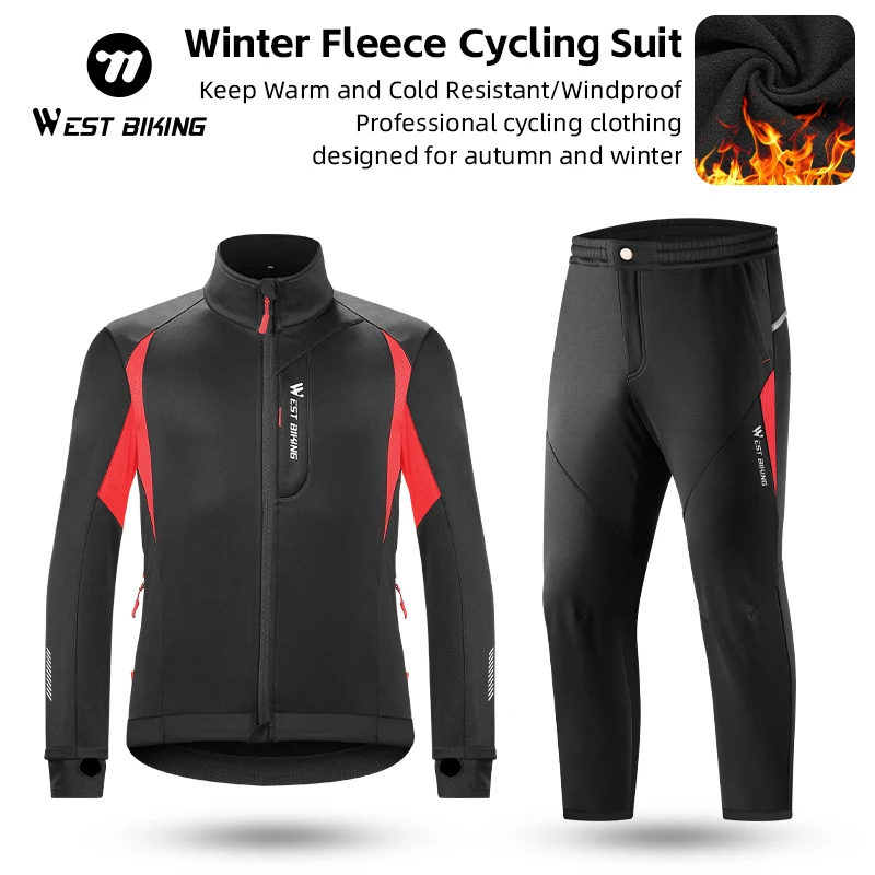 WEST BIKING Winter Thermal Cycling Suit Windproof Running Jacket Warm Men Jerseys Pant Suit Hiking Bike Outfit Cycling Sportwear