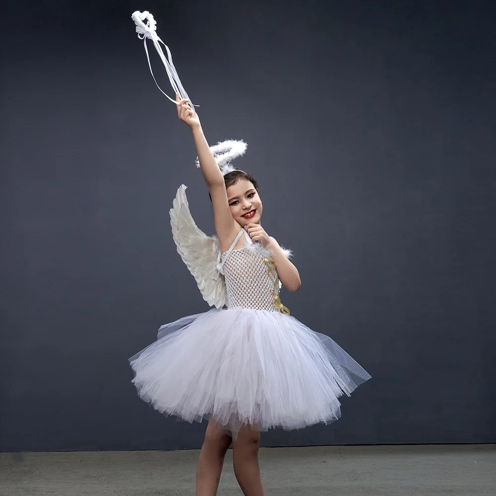 Theeper Sweet White Tulle Princess Dress Matching Wing Accessory Show Stage Holiday Banquet For Birthday Photoshoot Mesh Outfit