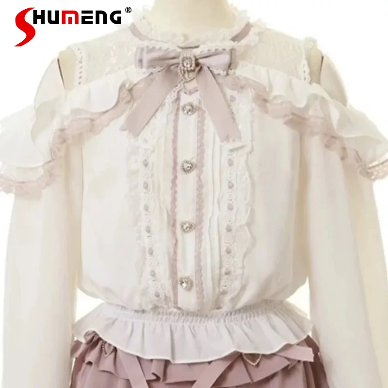 Autumn Top Classic Off-Shoulder Bowknot Shirt New Japanese Sweet Cute Long Sleeves Blouse Kawaii Clothes Y2k Blusas De Mujer