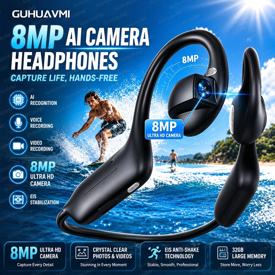 Open‑Ear 800W Pixel Camera AI Wireless Bluetooth Headphones EIS Anti Shake 1080P Video 8GB Storage Translation Call Sport Earph