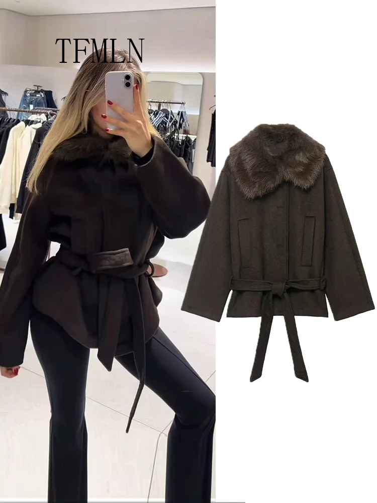 

Женская укороченная куртка Causa Oversiz с поясом, шикарное пальто с воротником из искусственного меха и длинными рукавами, уличная верхняя одежда в стиле ретро, осень-зима 2023 г.