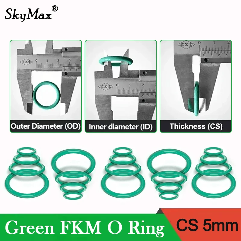 

5/10Pcs Green FKM O Ring Gasket CS 5mm OD 16mm ~ 100mm Fluorine Rubber Insulated Seal Washer Heatproof Oil Resistant Acid Alkali