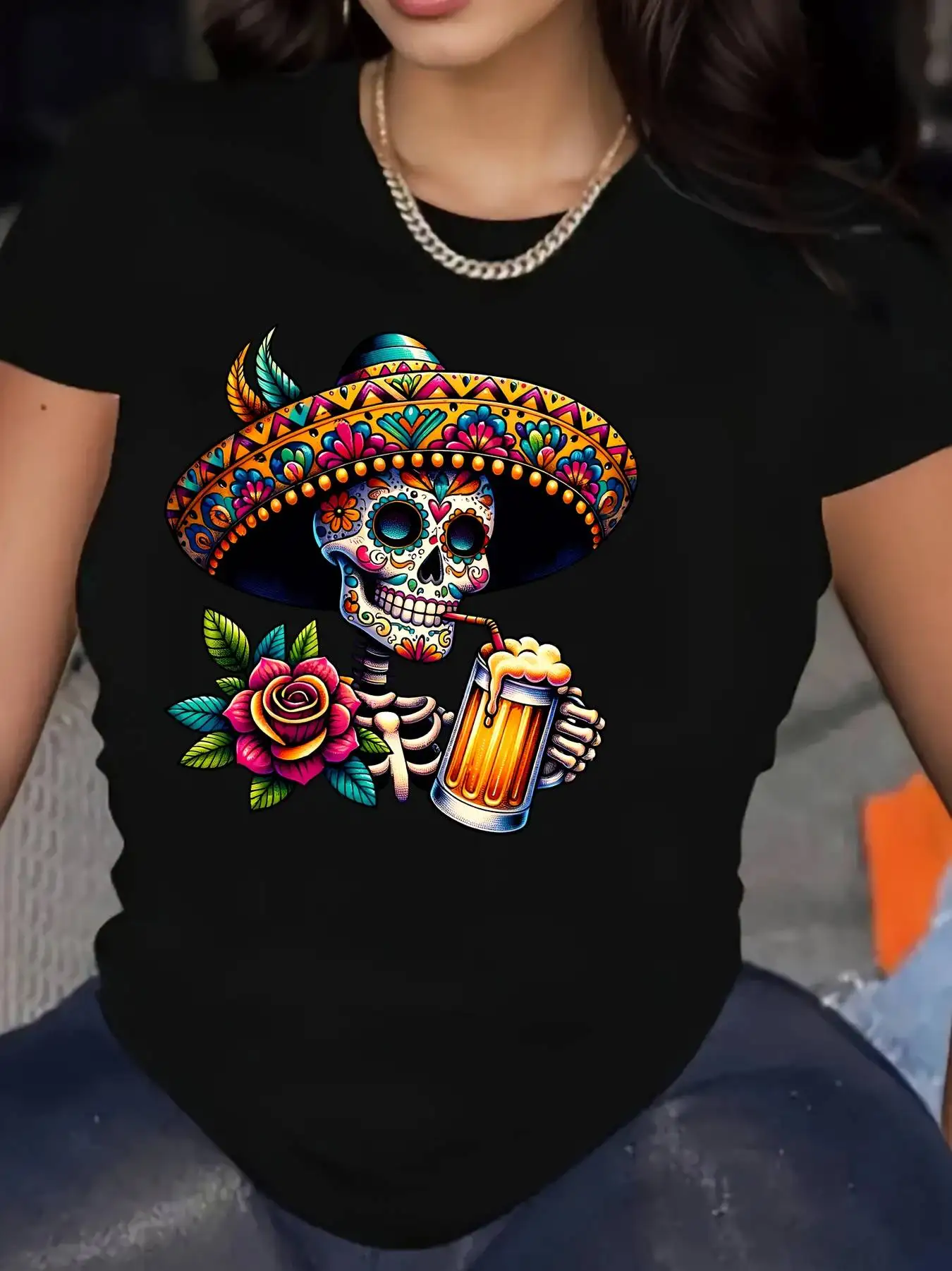 Women's Mexican Day of The Dead T-Shirt Sugar Skull and Sombrero Graphic Print T Shirt Causal Short Sleeve Tshirt Clotthes Femme