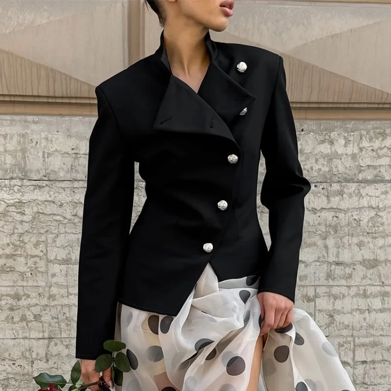 Womens Stand Collar Asymmetric Button Padded Shoulder Blazer Cardigan Slim Waist Slit Long Sleeve Workwear Versatile Jacket New