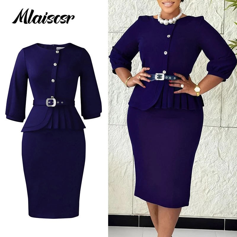 

Mlaiscsr African Mid Dresses for Women 3/4 Sleeve single-breasted Sashes Ruffles Gown Birthday Elegant Muslim Wedding Party Robe