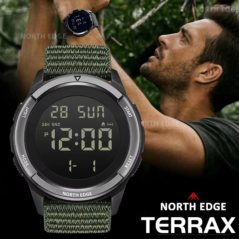 NORTH EDGE TERRAX Men's Digital Military Watches Outdoor Sports Swimming Waterproof 50M Stopwatch Countdown Light Watch Men