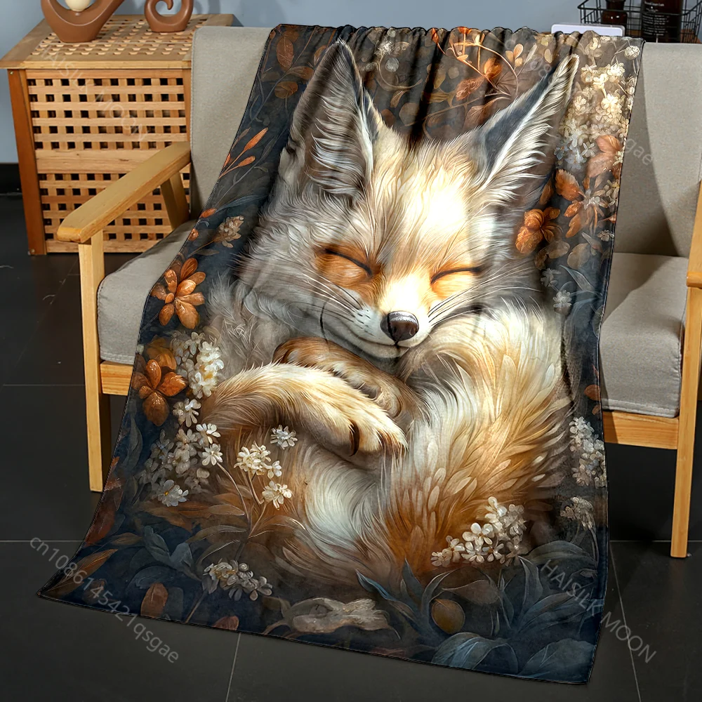 1PC Sleeping Fennec Fox and Flowers Print Blanket Flannel Material Soft Warm for All Seasons Home Outdoor Camping Picnics RV