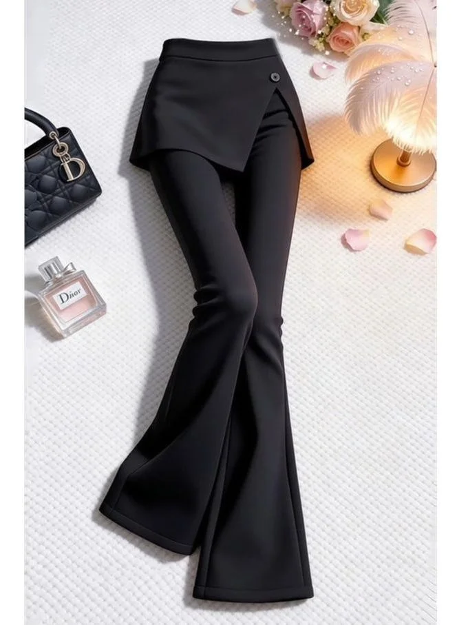 Korean Style High Waist Wide Leg Pants Spring Summer New Asymmetrical Design Pure Color Fake Two-Piece Black Skirt Pants