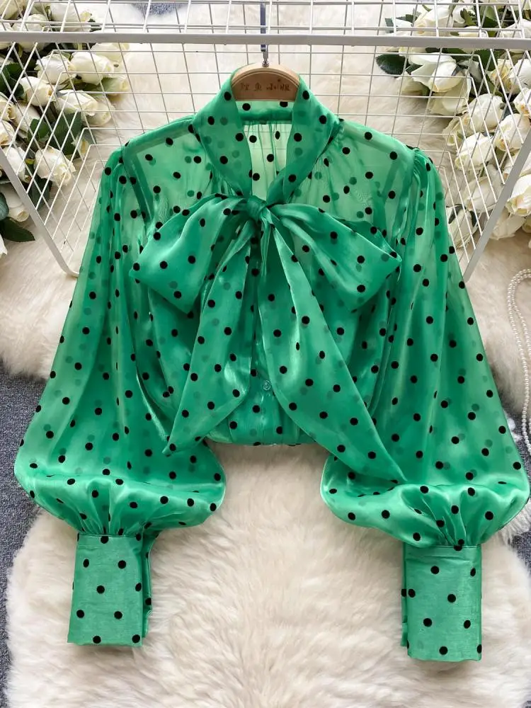 Autumn Women's Vintage Festival Polka Dots Single Breasted Shirt Elegant Sweet Bow Long Sleeve Loose Office Ladies Blouses Tops