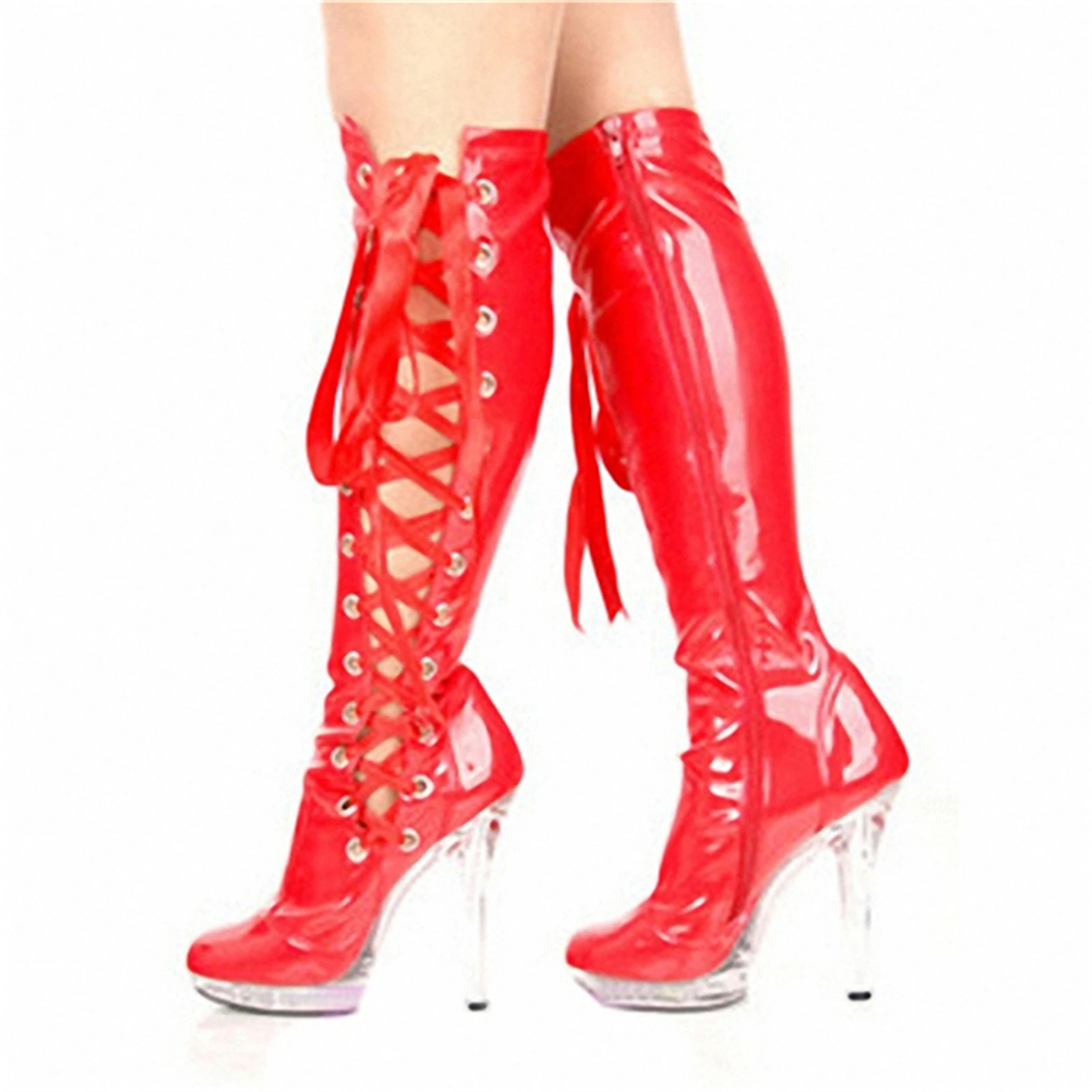 

Red Patent Leather Thigh High Boots with 13CM Clear Stiletto Heel Sexy Lace up Side Zipper over the Knee Club Wear for Women