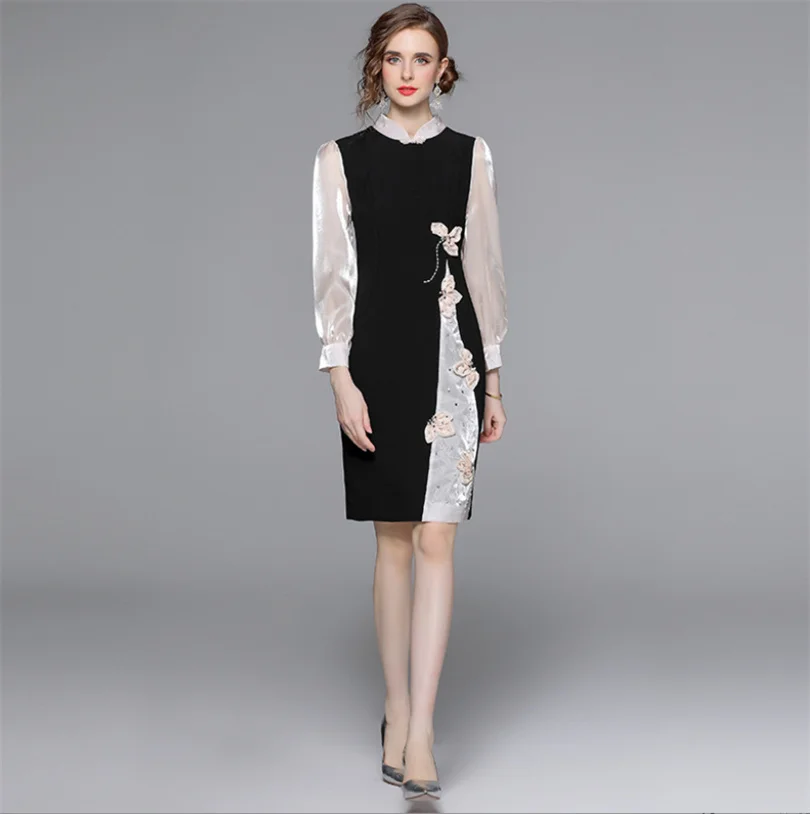 2023 Spring Summer New Standing Collar Long Sleeve Contrast Panel 3D Flower Studded Princess Style Dress