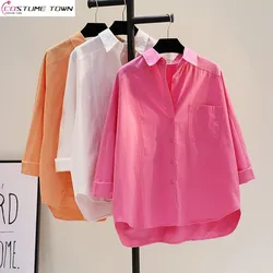 100% Pure Cotton Rose Red Long Sleeved Shirt for Women's 2024 Spring/summer New Single Pocket Loose and Slimming Casual Top