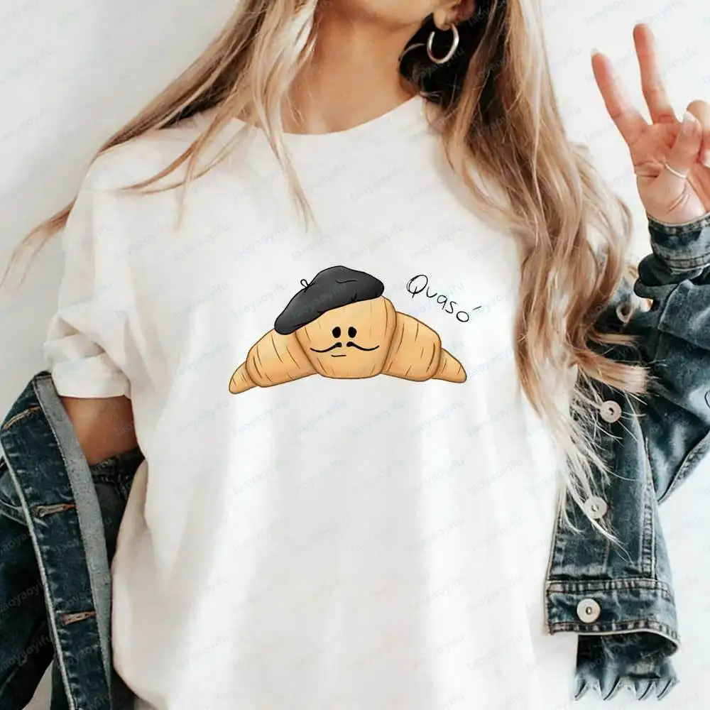 Funny French Croissant Qvaso Graphic T-Shirt Cute Cartoon Food Casual Cotton Short Sleeve Tshirt for Women Summer Aesthetic Tops