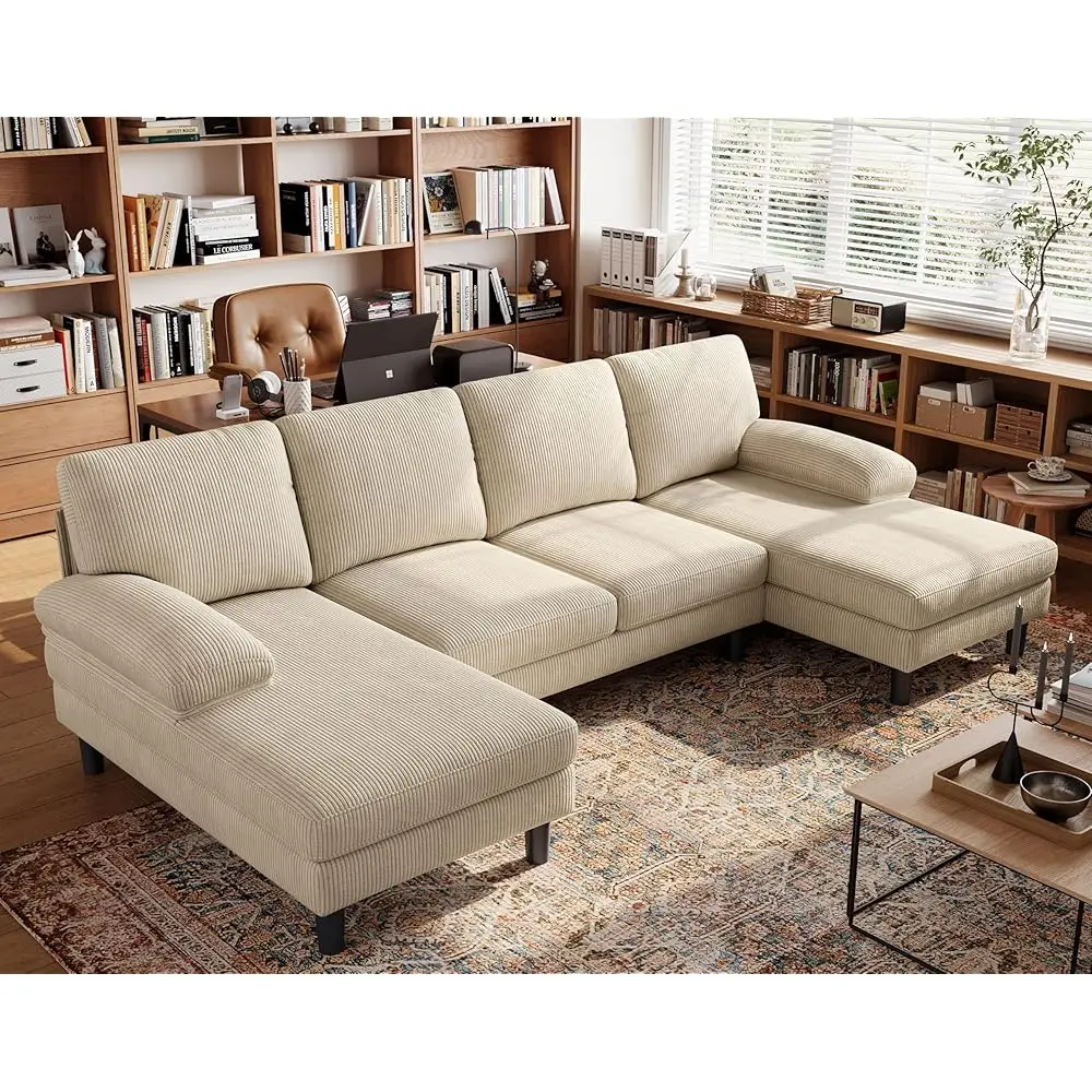 

Sectional Couch, 111'' W Corduroy U Shaped Sofa With Sleepable Armrests, 4 Seat Couch With Double Chaises, Deep Seat Sofa For