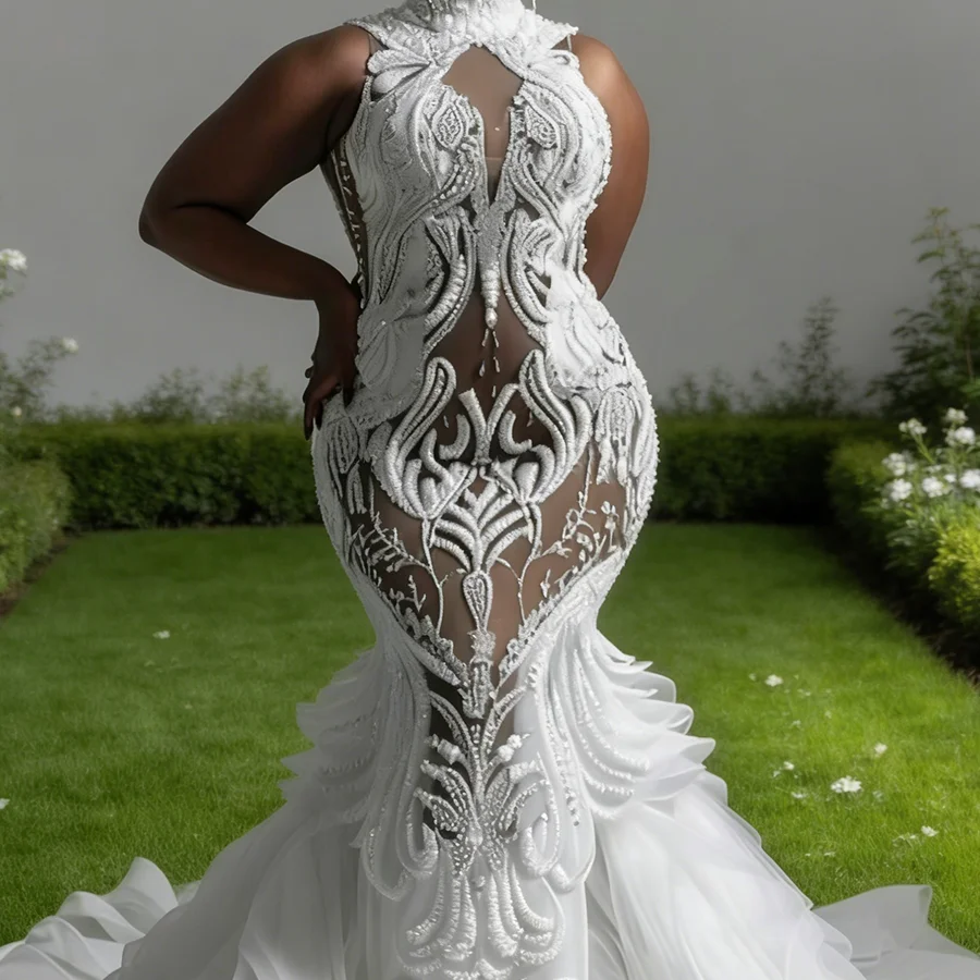 Elegant High Collar Appliquins Sleeveless Tulle Mermaid Bride Wedding Dresses Bridal Gowns Customized