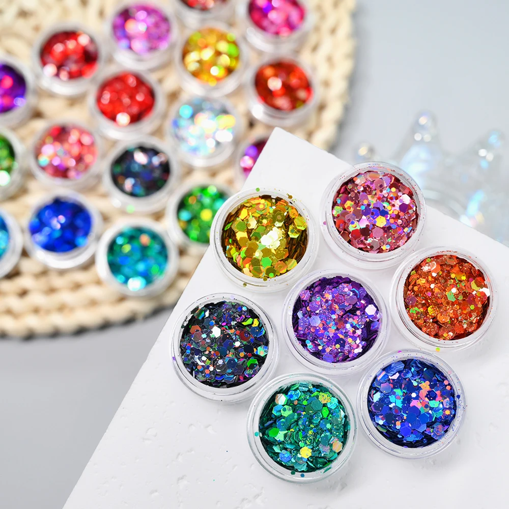 24pcs Laser Holographic Chunky Nail Glitters Mix Size 0.2-3mm Sparkly Nail Spangles Powder For Face Body Eye Nail Art Sequins