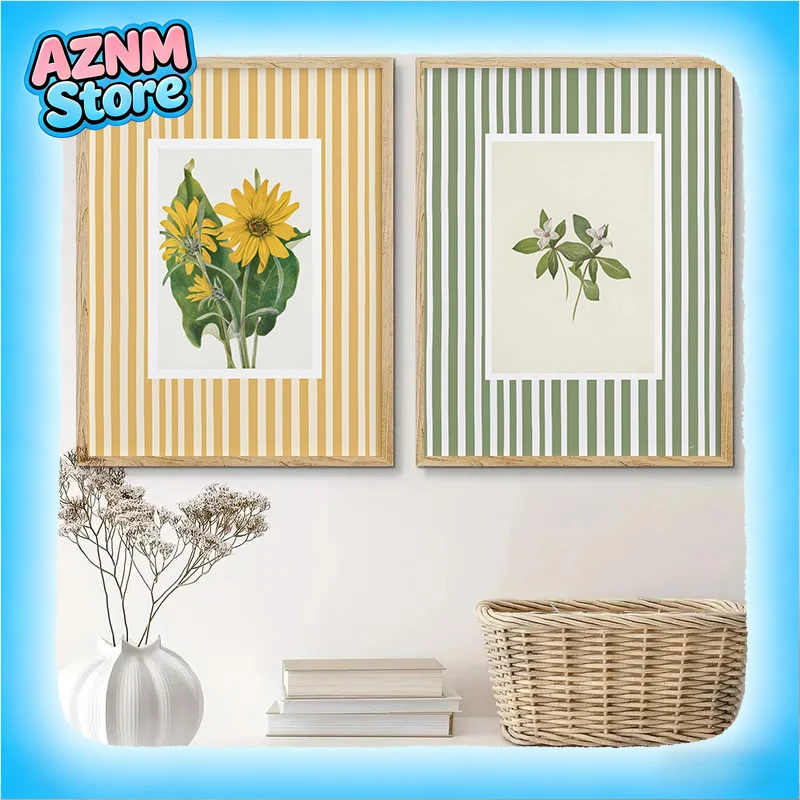 (1pc frameless)Blue Lily of The Valley Plant Striped Canvas Print Sunflower Pomegranate Garden Wall Art Poster Modern Living