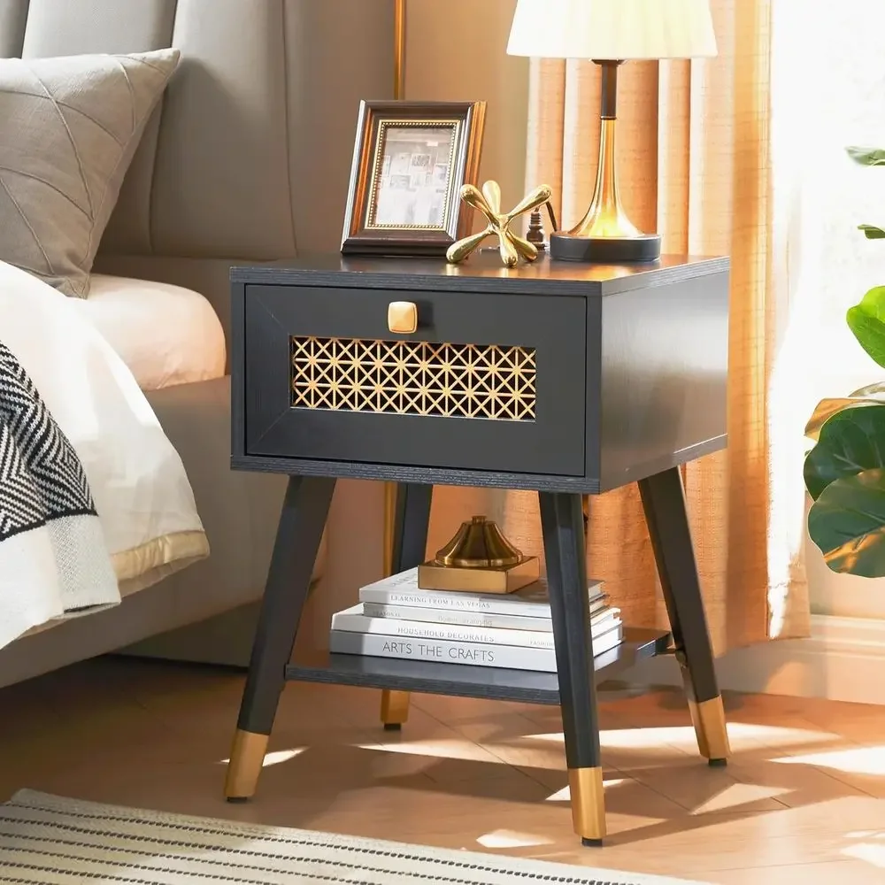 

Contemporary Wooden Side Table, Compact Square End Table for Living Room, Black Nightstand with Drawer and Shelf