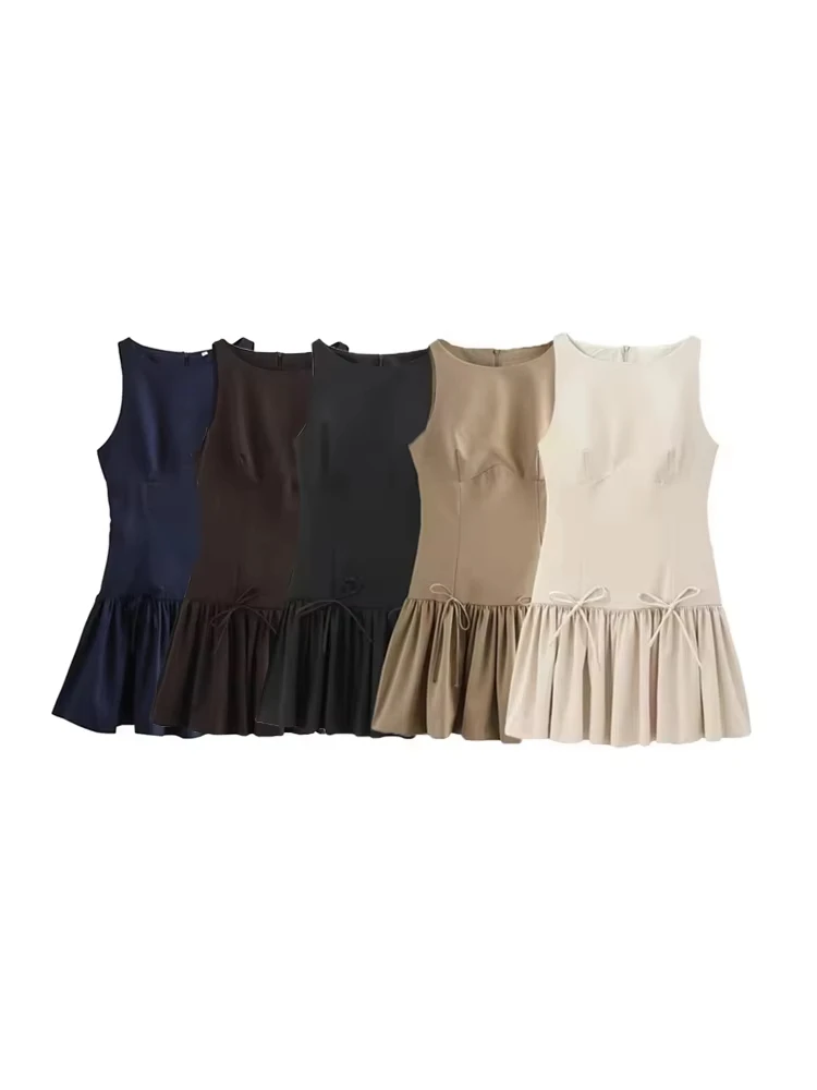 Women's Ruffled Mini Dress with Bows, O Neck, Sleeveless, Back Zipper, Female Dresses, Chic Fashion