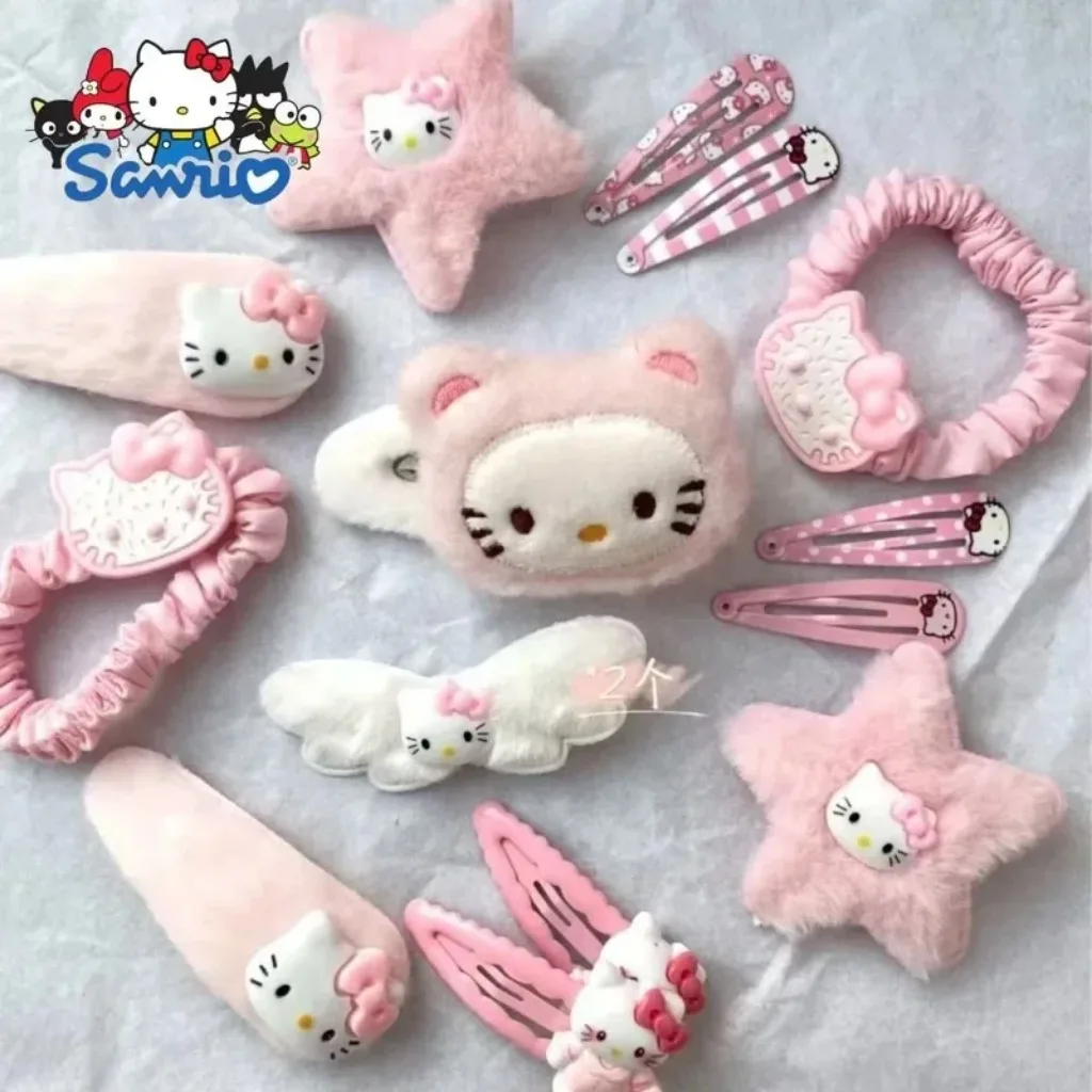 15 Uds. Accesorios para el cabello de dibujos animados para niñas de peluche rosa de Hello Kitty Anime, horquilla lateral bonita, lazos para el cabello, tocados nuevos, regalo para niñas