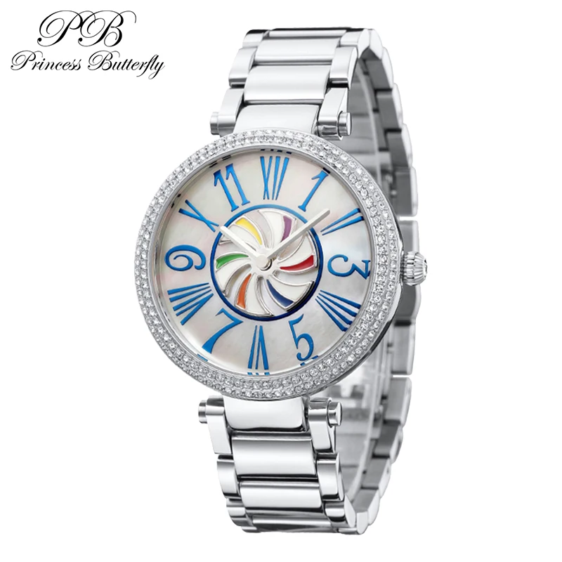Princess Butterfly Luxury Unisex Quartz Watches for Woman Colorful Spinning Windmill Pearl Women Stainless Steel Watch Original