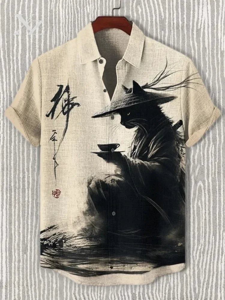 Men's Black Cat Samurai Drinking Tea Ink Art Print Shirt Japanese Martial Arts Graphic Short Sleeve Lapel Blouses 2025 Summer
