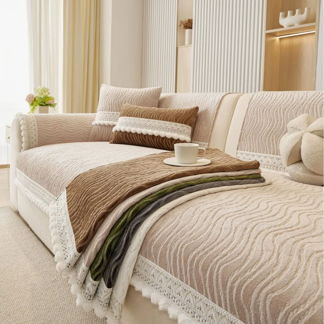 Four Seasons Universal Chenille Sofa Cover Sofa Pad Solid Color Luxury Sofa Mat for Living Room Non-Slip L Shaped Couch Cushion
