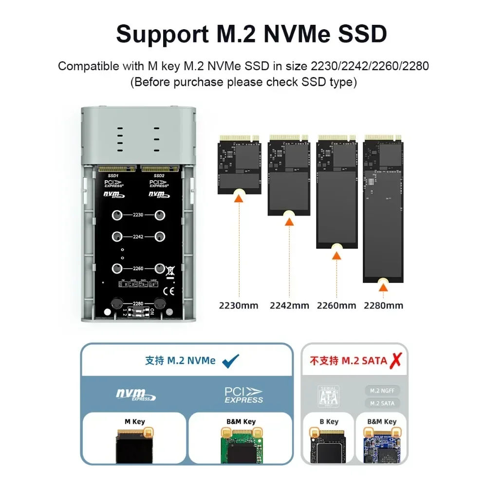MAIWO M.2 nvme Kotak Hard Drive Seluler Solid-state Tipe-c M.2 NVMe Protokol 20Gbps Cangkang Aloi Aluminium Ruang Ganda dengan 4 Mode RAID
