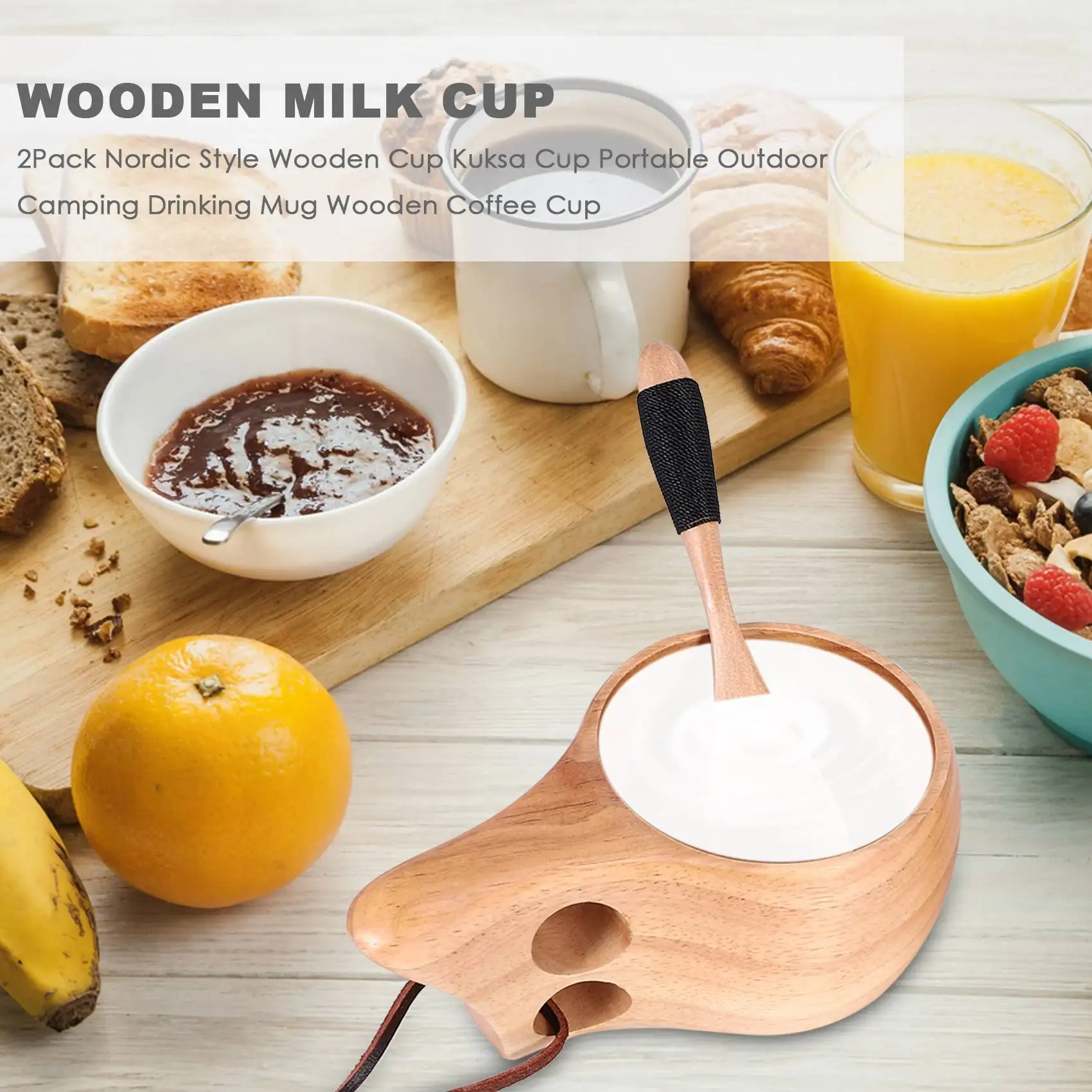 2er Pack nordischen Stil Holz becher Kuksa Tasse tragbare Outdoor-Camping Trinkbecher Holz Kaffeetasse mit Holz löffel