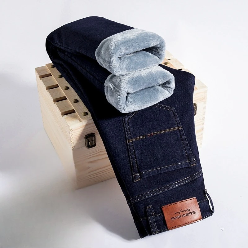 Winter New Fashion Casual High Quality Fleece Elastic Straight Thick Trousers Big Plus Size Men Warm Jeans Jeans Male Brand
