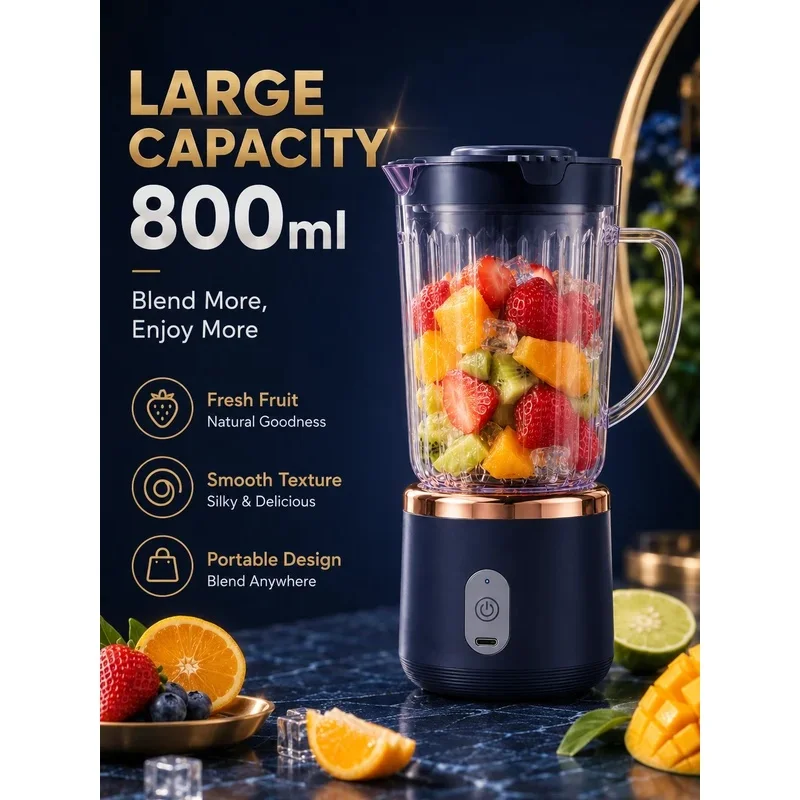 Food Grade 800ml Wireless Blender 1500mAh Battery 6 Blade Fruit Juicer Cup 30W Portable Smoothie Mixer For Shakes Drinks