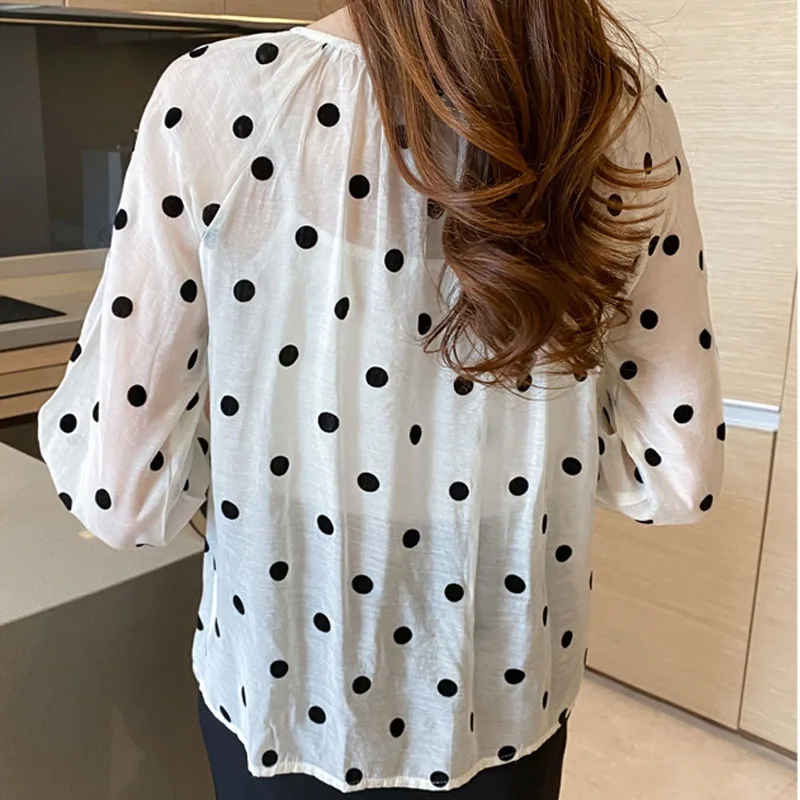 Summer 2022 New Fashion Clothing Office Wear Polka Dot Shirt Chiffon Top and Blouse Spliced Button Puff Sleeve Blusa Female 1643