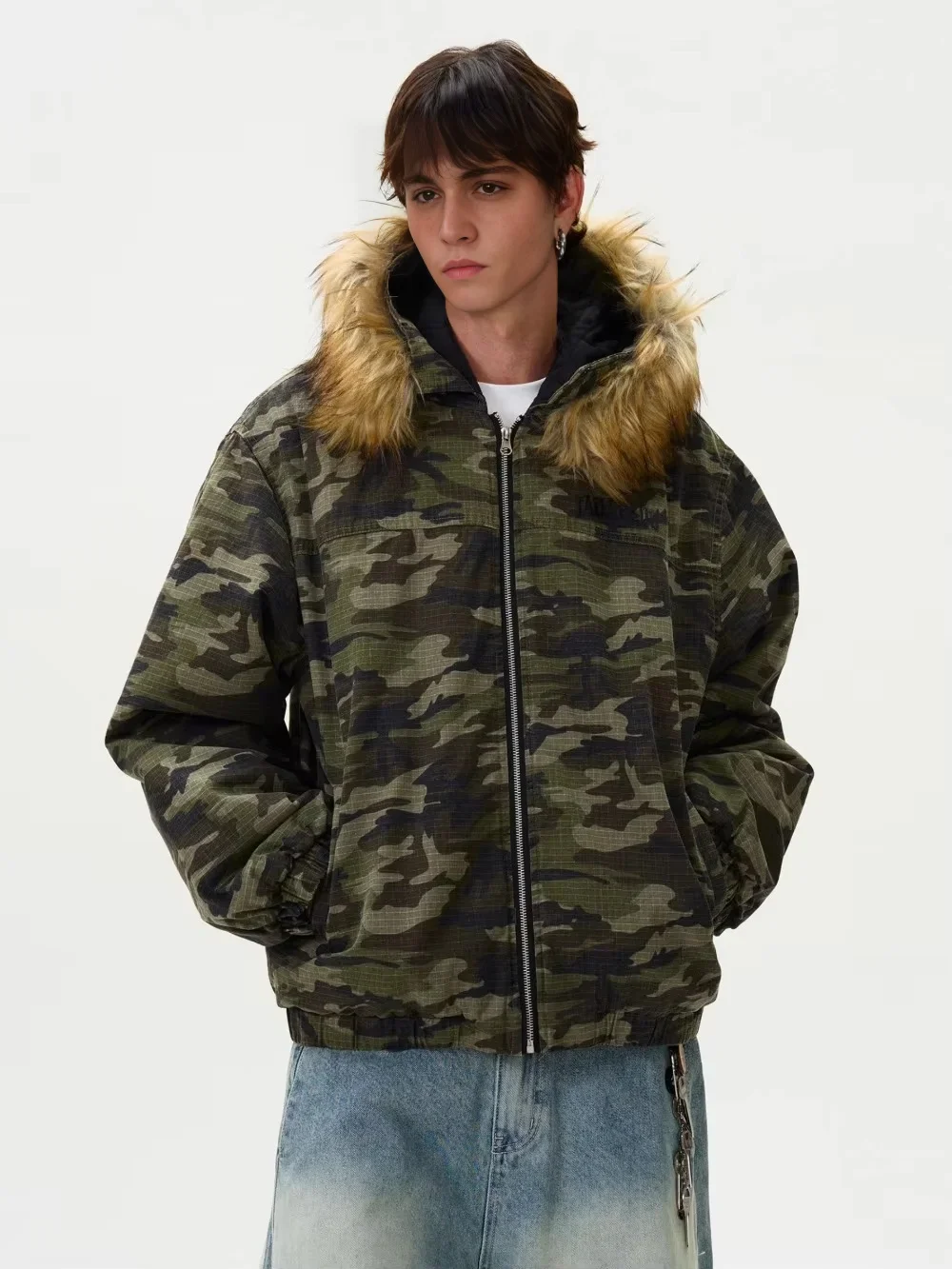 Tung Sung American Camouflage Flight Puffer Jacket Retro Casual Removable Fur Collar Thermal Winter Coat