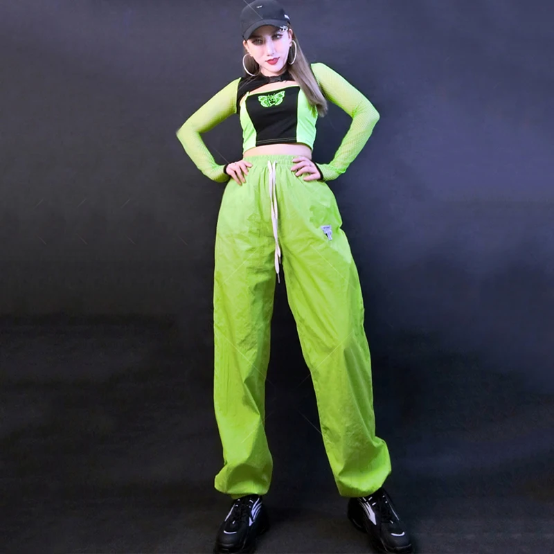 Women\'S Group Kpop Outfit Green Mesh Sleeved Top Cargo Pants Adults Jazz Dance Costume Hiphop Clothing Street Dance Wear SL8881