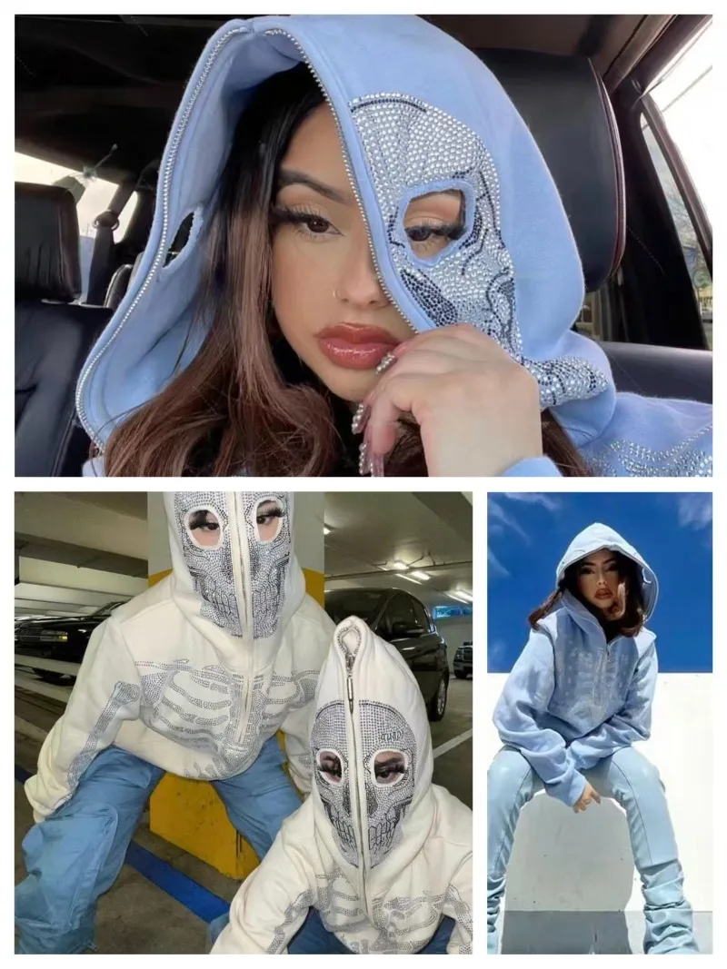 

Американская готика Harajuku скелет полная маска на молнии женская и мужская толстовка 2025 новая персонализированная брендовая одежда трендовая повседневная спортивная одежда