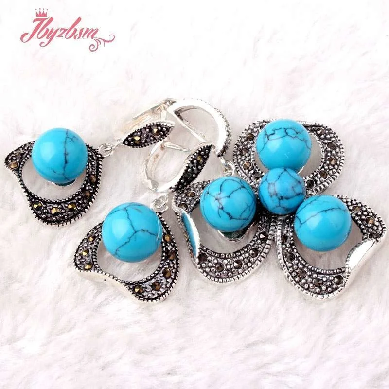 8/10mm Round Blue Turquoise Stone Beads Tibetan Silver Fashion Pendant Earrings,Earring 19x25mm/Pendant 35x45mm Free Shipping