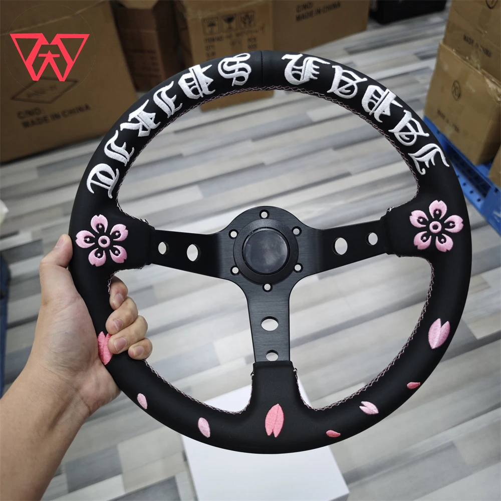 

New Exclusive Cherry Blossom Ghost Head Samurai Steering Wheel Japanese Culture Deep Dish Custom Logo Microfiber Leather