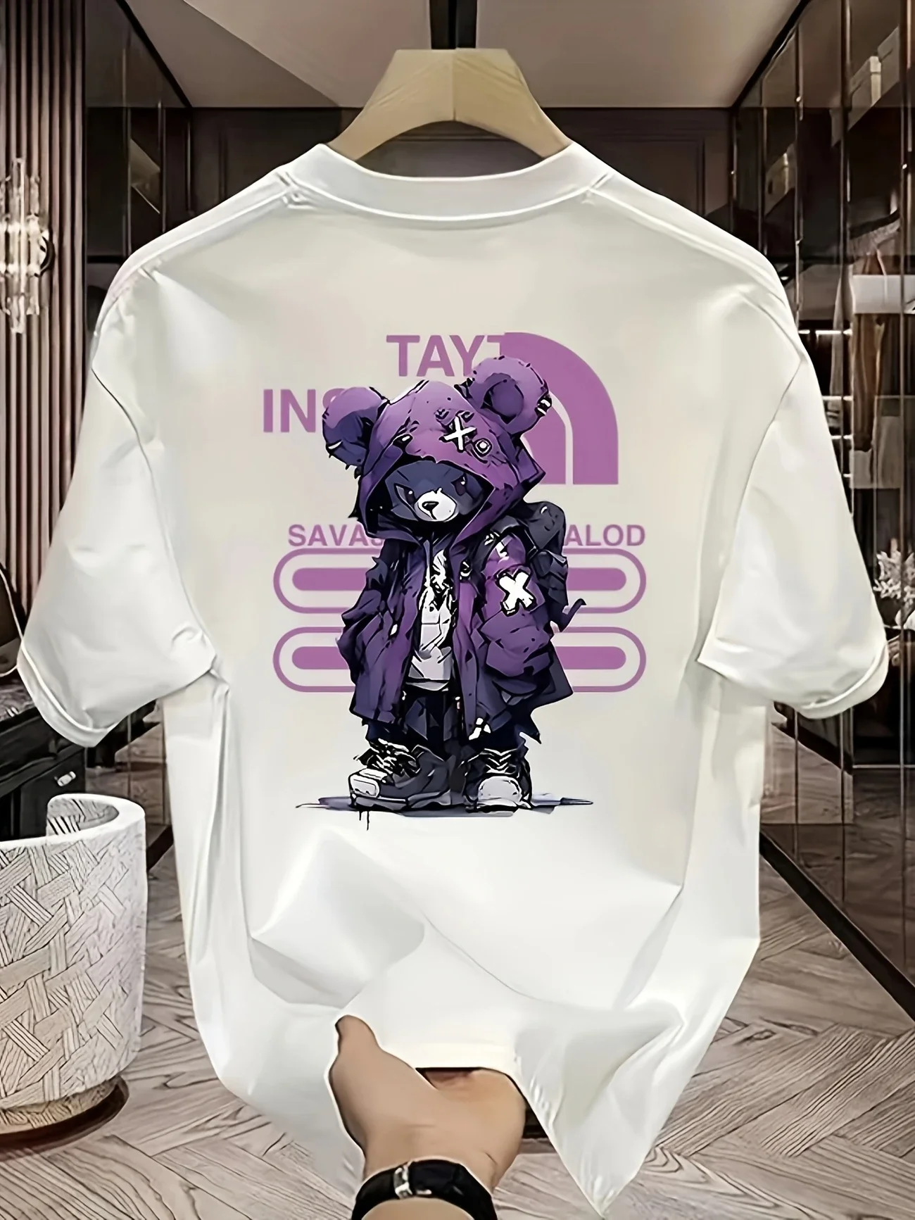Black street style purple cartoon bear with 