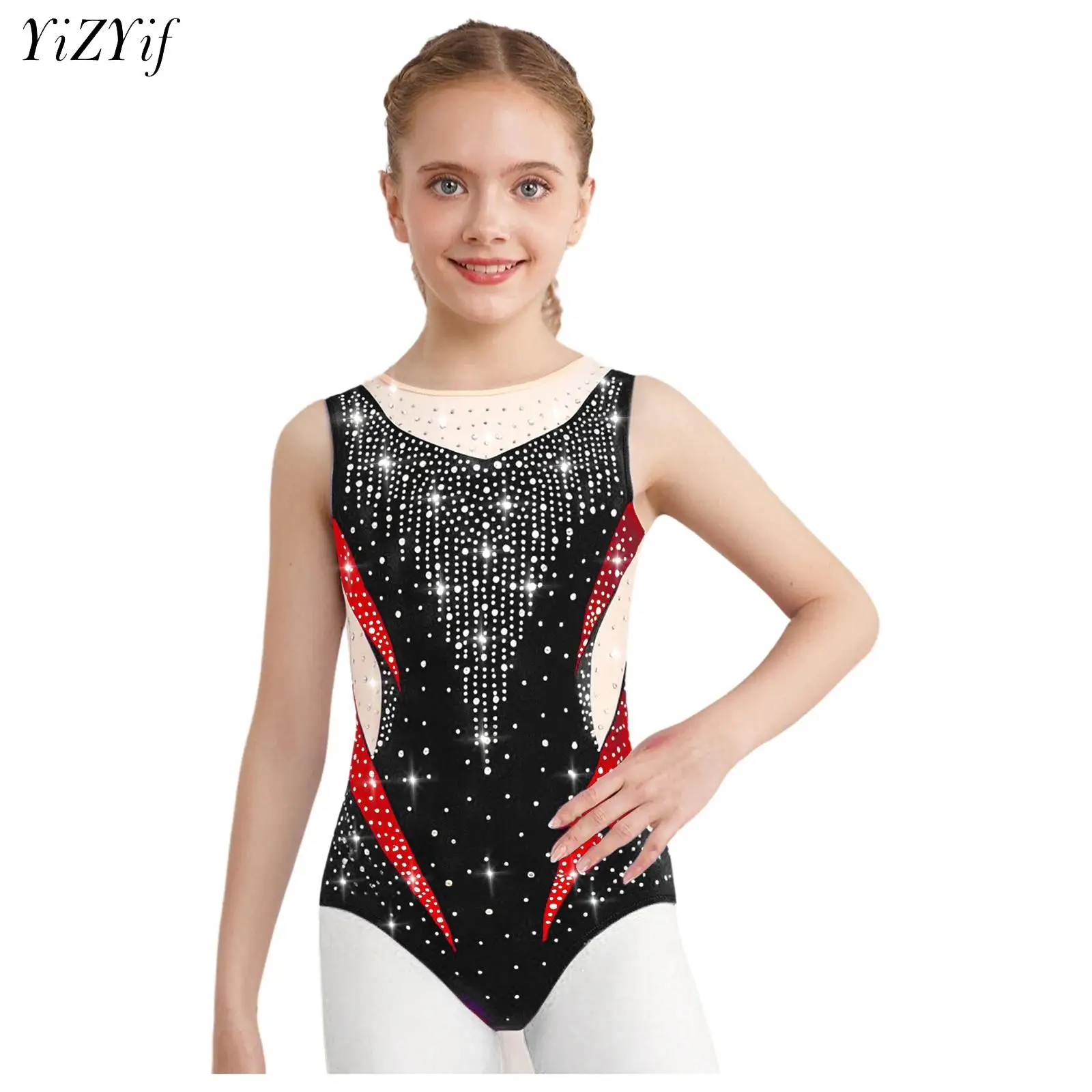 

Kids Girls Gymnastics Dance Metallic Leotard Shiny Rhinestones Figure Skating Jumpsuit Ballerina Dancewear Color Block Bodysuit