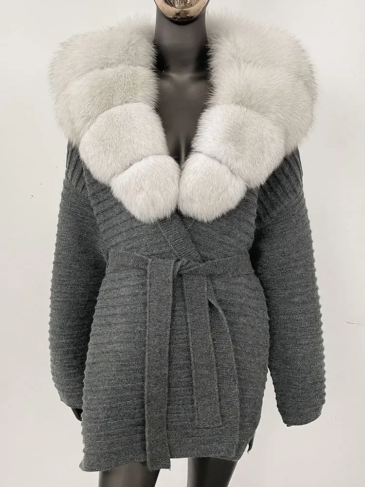2025 جديد ربيع الخريف النساء الملابس ريال فوكس الفراء طوق سترة حزام الموضة تريكو الإناث المتضخم سترة مشغولة من الصوف