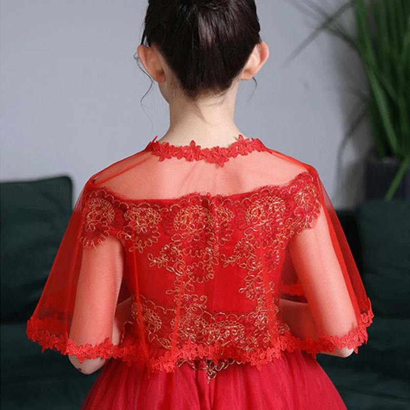 Kids Girls White Red Tulle Mesh Wraps Lace Children Bolero Short Wedding Jacket Summer Shawls Lace Cape Cover Up Over Shoulders