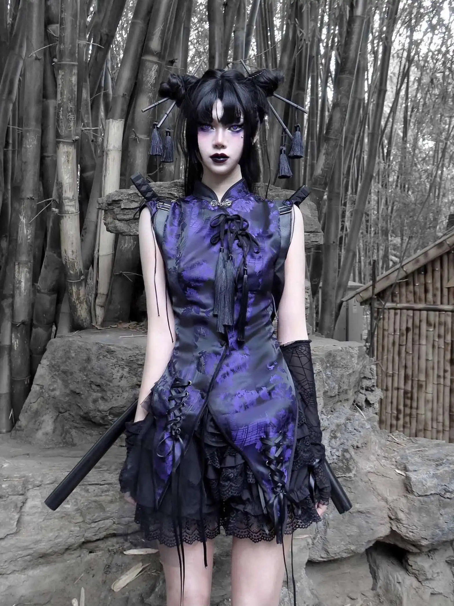 

New Chinese Style National Style Han Elements Goth Clothes women Frog Jacquard Improve Cheongsam Irregular Tops Purple Tops