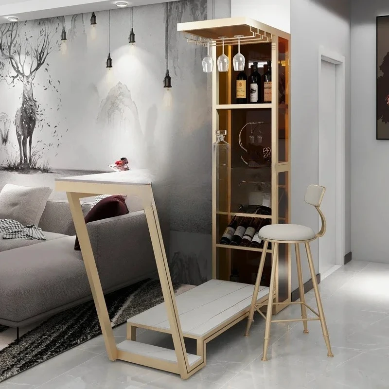 A Living room partition cabinet, bar counter integrated table against the wall, household modern rock slab entrance, high table