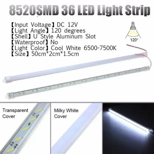 DC12V 8520 led rigid light LED Bar Light 8520 with Transparen&Milky PC cover,36Leds/0.5m, cold white,free shipping