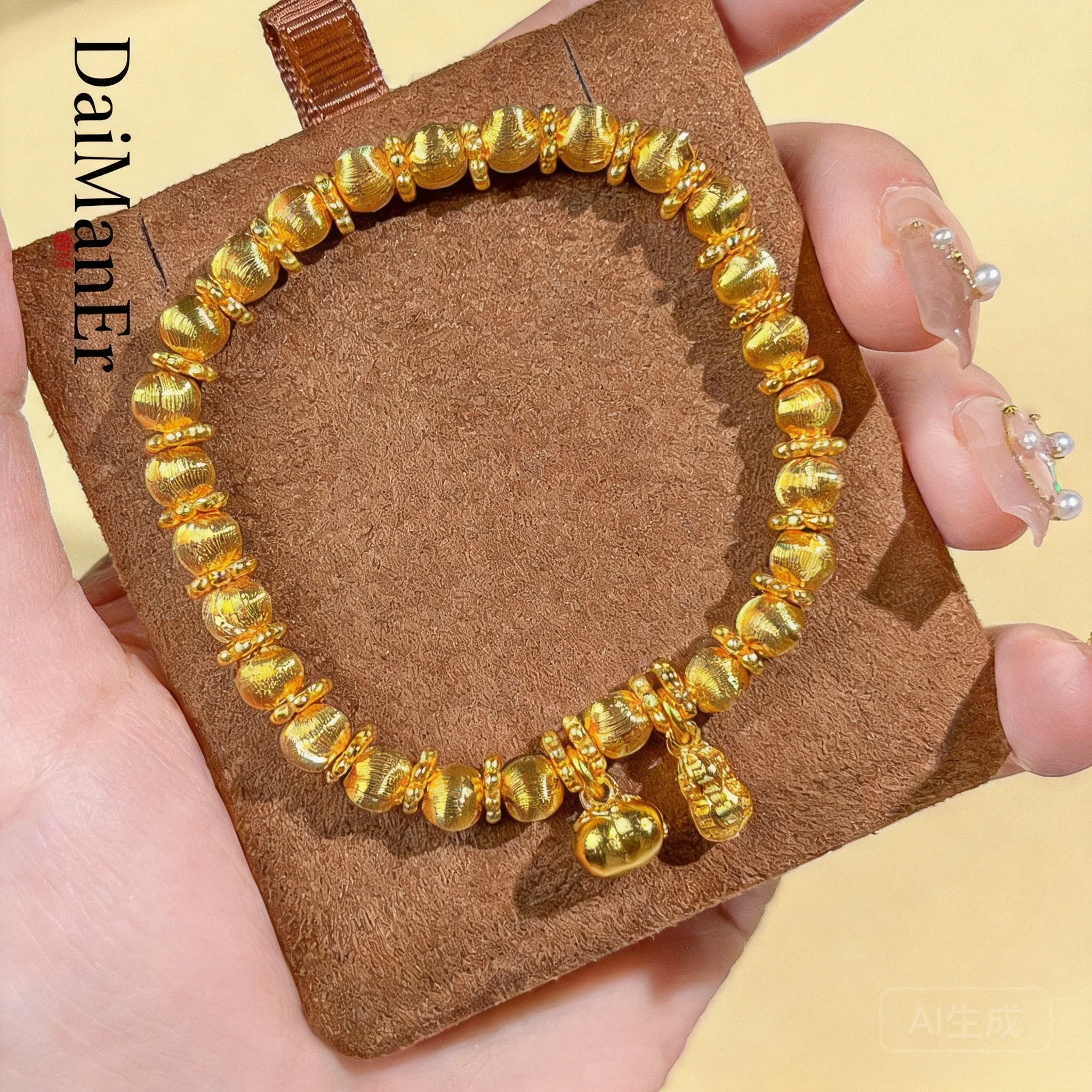 

Chinese Style Lucky Sand Gold Bracelet For Women Persimmon Peanut Cat Eye Beaded Bracelet Feng Shui Wealth Blessing Elegant Luxu