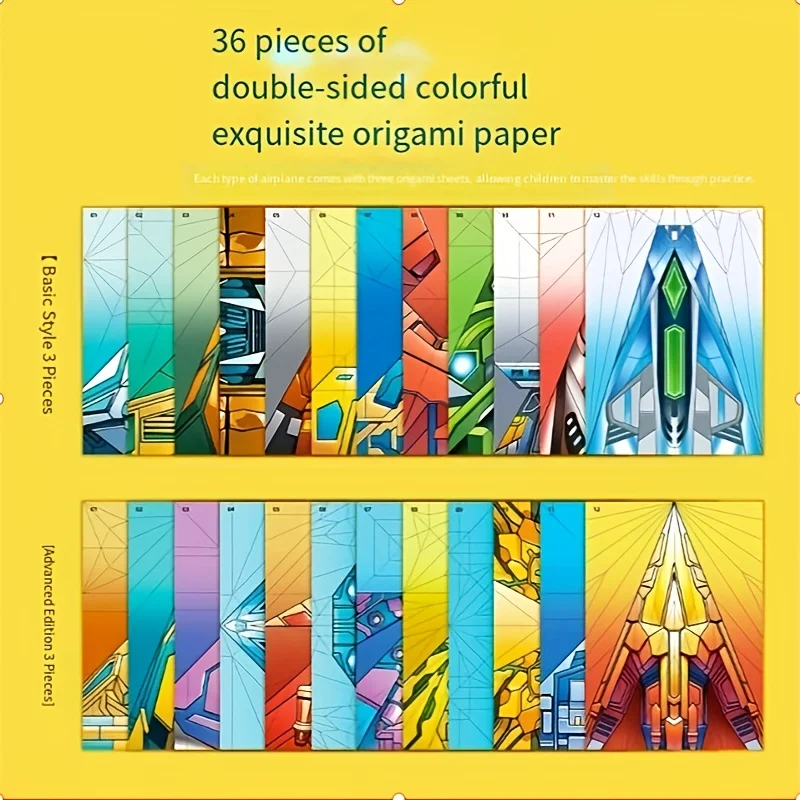 36 ورقة/12 نمطًا من ورق اوريغامي - مجموعة طائرات إبداعية مصنوعة يدويًا مع خطوط قابلة للطي مدمجة، دليل أوريغامي ثلاثي الأبعاد يمكنك صنعه بنفسك