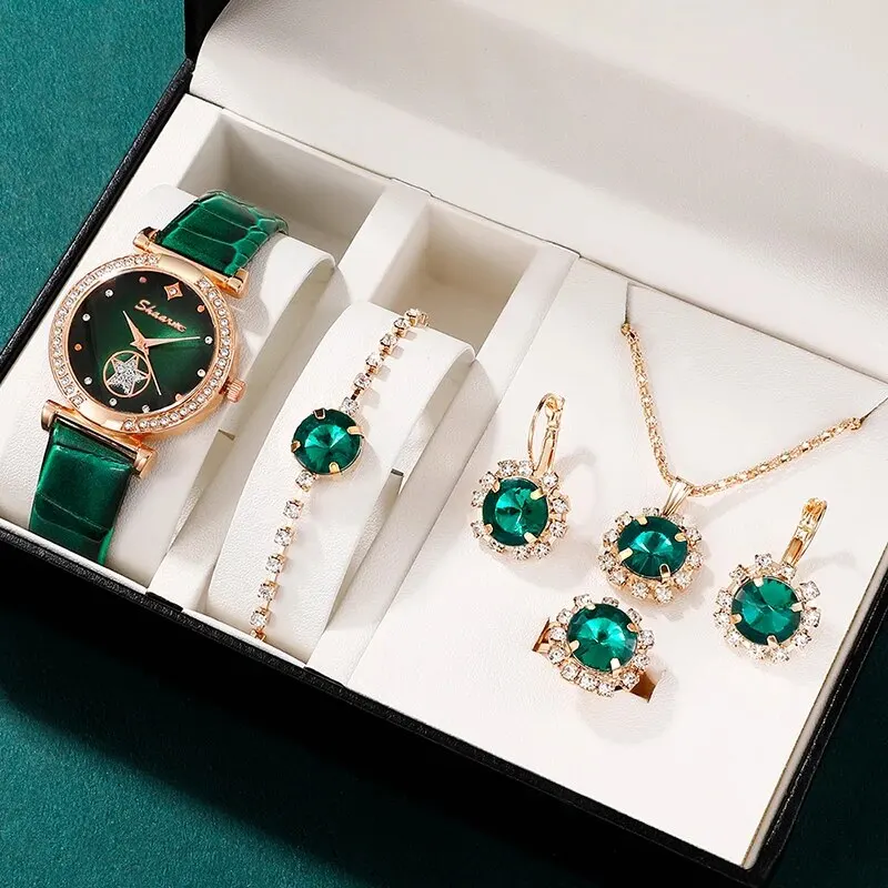 6PCS Set Green Luxury Quartz Watch Mulheres Anel Colar Brinco Rhinestone Moda Relógio de pulso Casual Ladies Pulseira Relógios